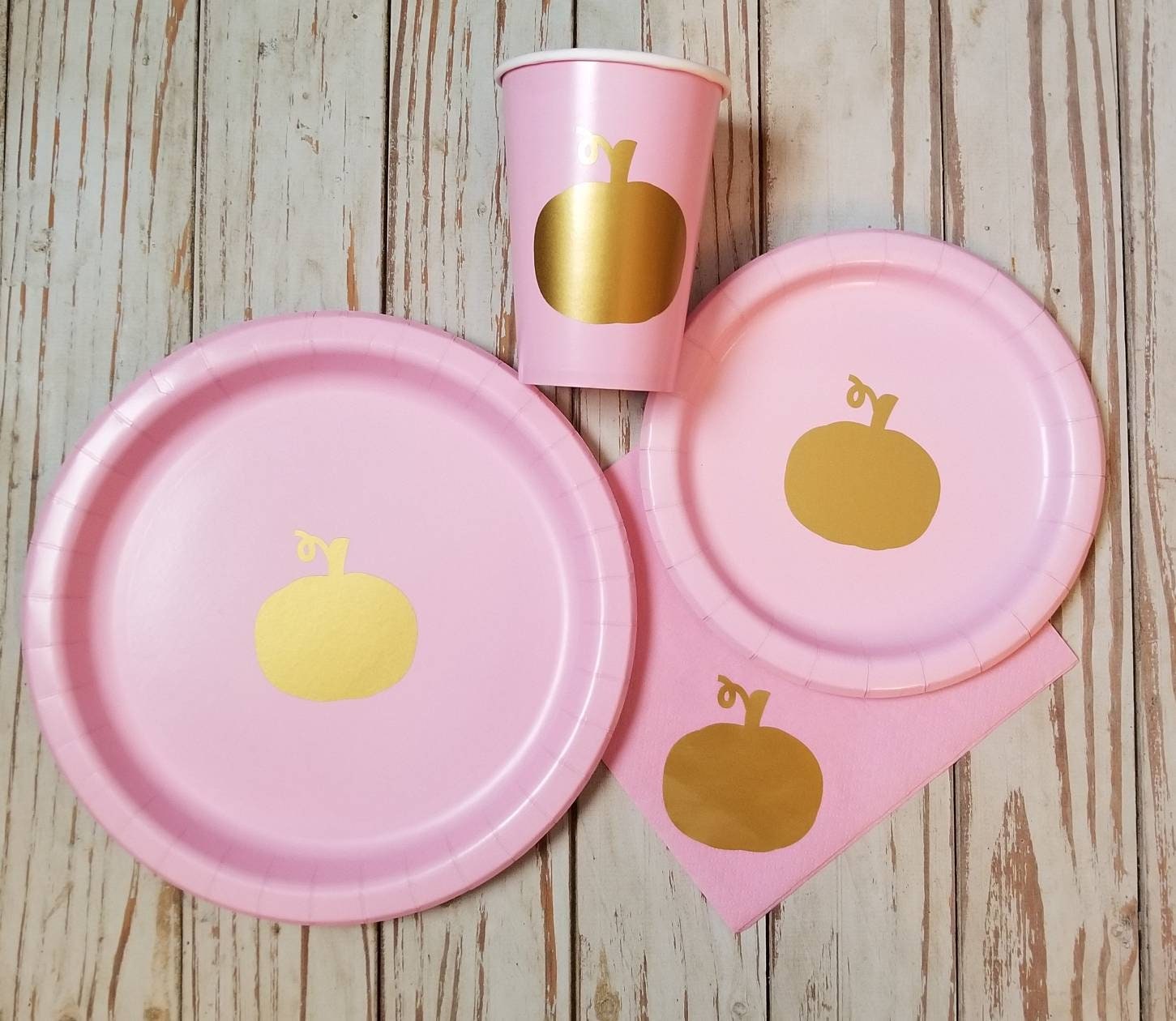 Pink and gold pumpkin plates, cups and napkins, thanksgiving plates