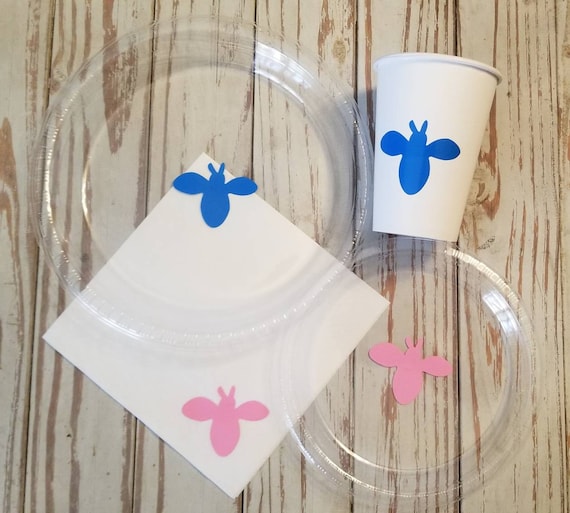 What will it Bee gender reveal plates, cups and napkins, bee gender reveal, bee baby shower, gender reveal party, he or she what will it bee