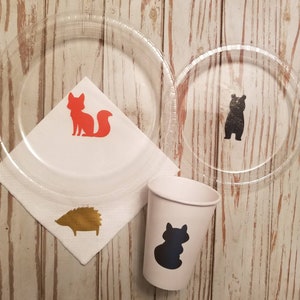 Woodland forest animals plates, cups and napkins, woodland first birthday plates, cups, fox plates, fox cups, bear party, lumberjack party