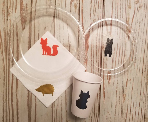 Woodland forest animals plates, cups and napkins, woodland first birthday plates, cups, fox plates, fox cups, bear party, lumberjack party