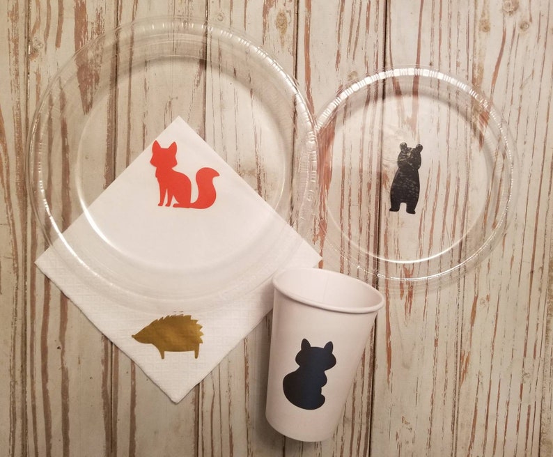 Woodland forest animals plates cups and napkins woodland first birthday plates cups fox plates fox cups bear party lumberjack