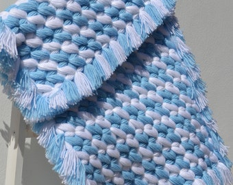 Blue & White Crochet Baby Blanket: Handmade Loom Blanket