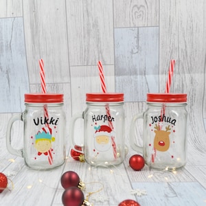 Barattolo di vetro natalizio personalizzato con nome, bottiglia per bevande - Design con renna, elfo o Babbo Natale - Personalizzato - Riempitivo per calze