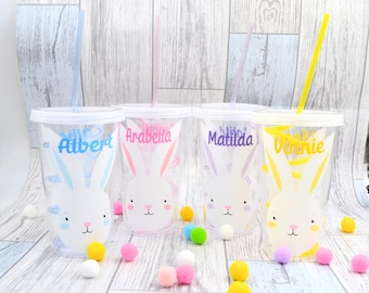 Personalised Easter Cup, Childrens Cup, Easter Drinking glass, Easter Bunny, Easter Gift, Easter Cup with Swirly straw