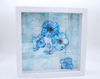 Poppy Decor, Poppy Picture, Blue Poppies, Picture, Box Frame,Shadow Box Frame, Wall decoration, Home Decor, Poppy, Poppies, Blue Wall Art