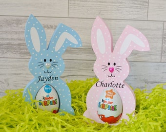 Portahuevos Kinder personalizado con forma de conejito de Pascua: Decoración de Pascua pintada a mano