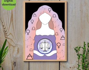 May include: A framed digital download art print featuring a Libra zodiac illustration. The artwork depicts a faceless figure with long, pink hair adorned with astrological symbols. The figure holds a circle with a scale design. The print is in a wooden frame.