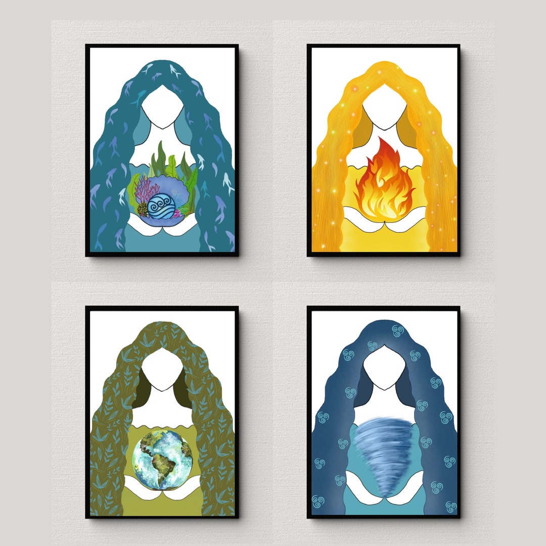Four Elemental Goddess Wall Art Print Collection, Air Water Earth Fire