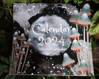 mushroom wall calendar 2024, cottagecore- fairy- witch-dark academia-whimsigoth calendar, illustrated art hanging wall planner calendar