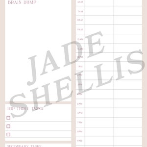 May include: A daily timebox planner with sections for brain dump, top three tasks, and secondary tasks. The planner has a grid layout with time slots from 6 AM to 11 PM.