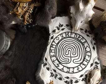 celtic maze with leafs and futhark alterpelt . labyrinth with runes - altar cloth - asatru - norse lore - druid - celtic
