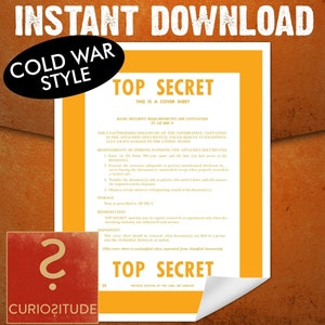 Puede incluir: Un documento imprimible con un esquema de color rojo, blanco y azul. El documento está titulado "Top Secret" e incluye una cláusula de exención de responsabilidad sobre la divulgación no autorizada de información. El documento está diseñado para parecerse a un documento de la era de la Guerra Fría.