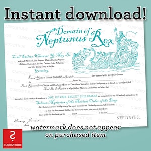 May include: A vintage-style certificate with a teal border and a drawing of a sea god riding a sea serpent. The text reads "Domain of Neptunus Rex" and "To all Sailors Wherever Ye May Be".