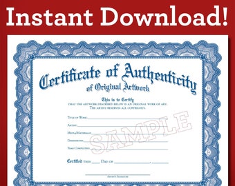 Certificate of Authenticity of Original Artwork printable instant PDF download