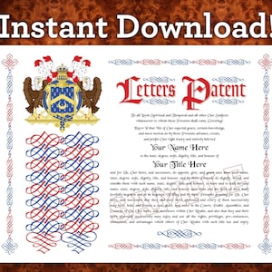 Fantasy Title of Nobility Letters Patent Certificate personalizable instant PDF download — great Father’s Day gift!
