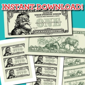 Santa Claus Dollarscheine 1, 5, 10, 20, 50, 100 Stückelung sofort download druckbar magisch Fantasy Spielgeld Nordpol Weihnachtself