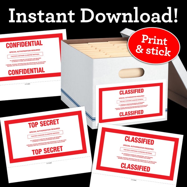 Downloadable Classified, Top Secret, & Confidential document file storage box labels printable PDF instant download stickers