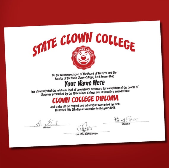Clown College Diploma certificate funny gag gift clown costume Etsy