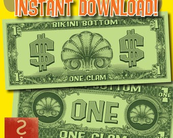 Bikini Bottom One Clam Soldi finti Banconote da un dollaro, download immediato, soldi finti fantasy stampabili