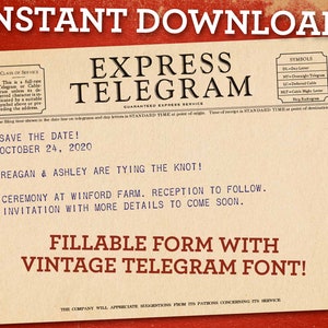 Vintage style telegram PDF with fillable text printable download downloadable print image 1
