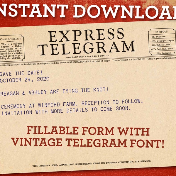 Vintage style telegram PDF with fillable text printable download downloadable print