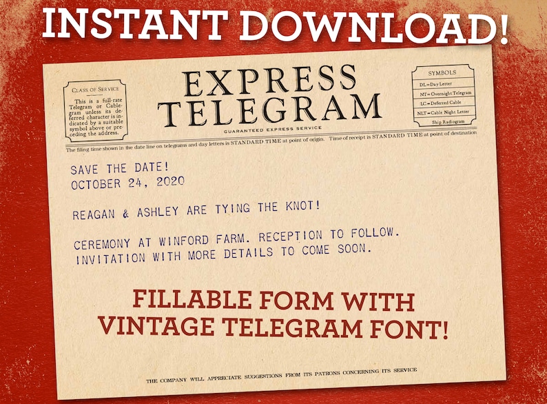 Vintage style telegram PDF with fillable text printable download downloadable print image 1