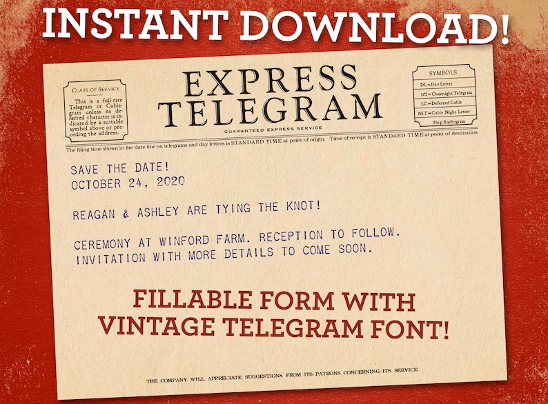 Vintage Style Telegram PDF With Fillable Text Printable Download