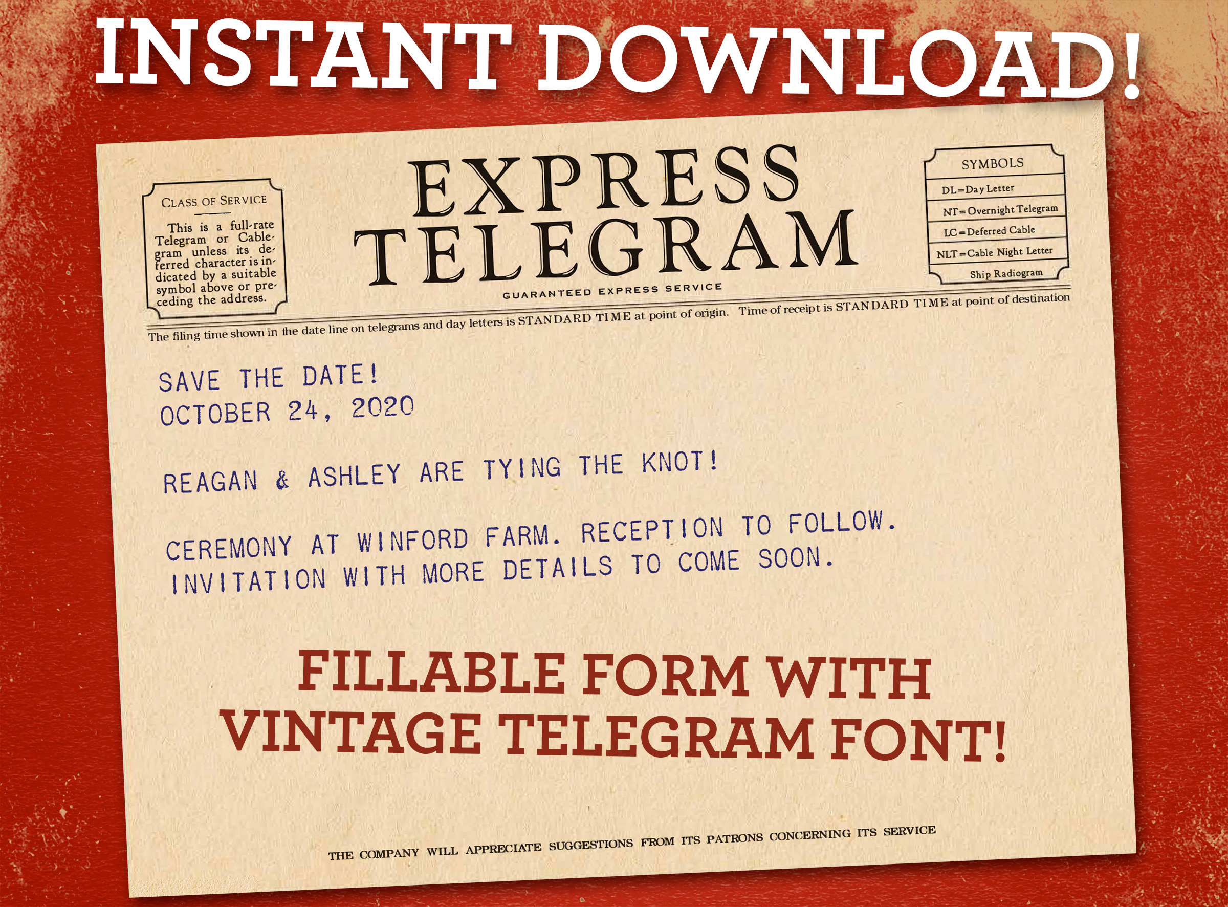 Vintage Style Telegram PDF With Fillable Text Printable Download