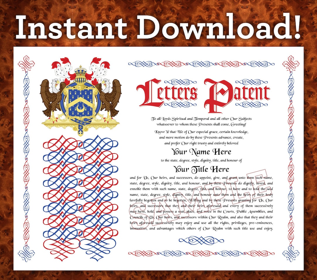 Fantasy Title of Nobility Letters Patent Certificate Personalizable
