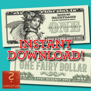 Puede incluir: Una descarga digital imprimible de un billete de un dólar de hada de estilo vintage con una ilustración de un hada alada sosteniendo una flor. El billete dice "One Fairy Dollar" y "Bank of Fairyland".