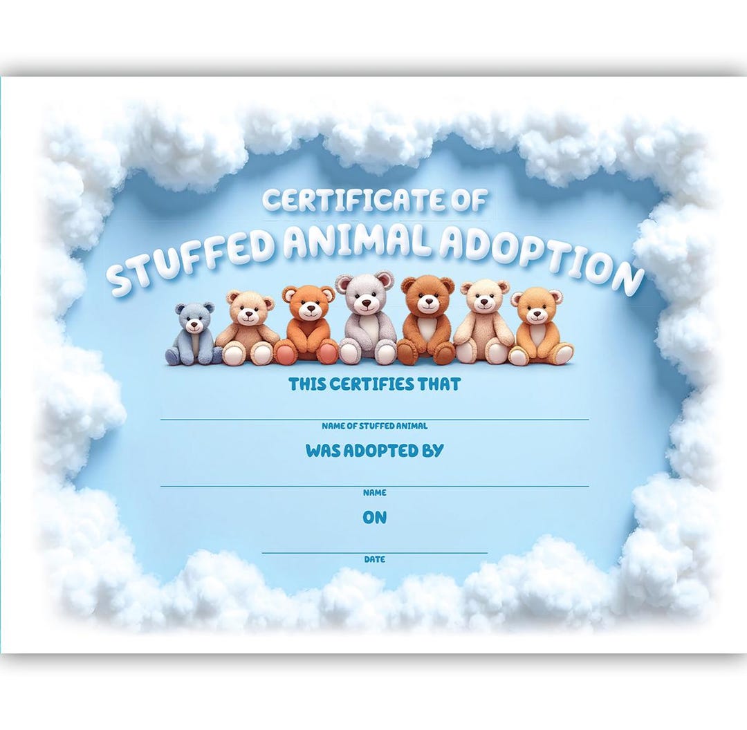 Stuffed Animal Adoption Certificate PDF Instant Download Printable - Etsy