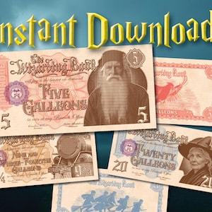 Könnte beinhalten: Eine Sammlung von Fantasy-Banknoten der Zaubererbank mit Nennwerten von 5, 9 3/4 und 20 Galleonen. Die Noten haben ein Vintage-Design mit dem Text "Instant Download!"