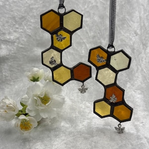 Antique Stained Glass Honeycomb with Bees - Honey Shades