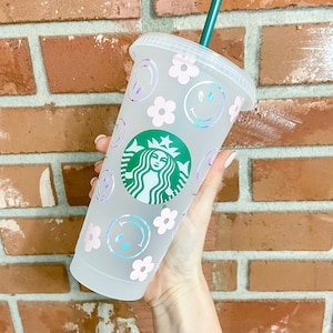 Starbucks cup; smiley face; floral print retro; reusable cold cup