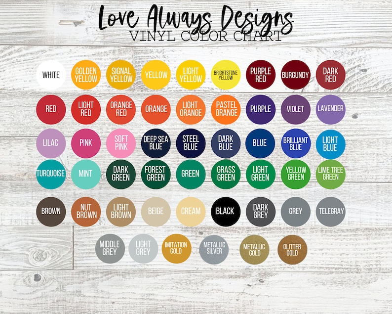 May include: Vinyl color chart with a variety of colors, including white, red, orange, yellow, green, blue, purple, brown, grey, and gold. The chart is organized in rows and columns, with each color represented by a circle.