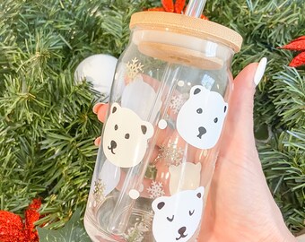 Polar bear pastel Christmas glass; iced coffee glass; beer can glass; BPA free