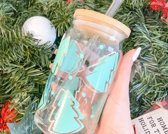 Pastel iced coffee tree glass; iced coffee glass; beer can glass; Christmas; holiday