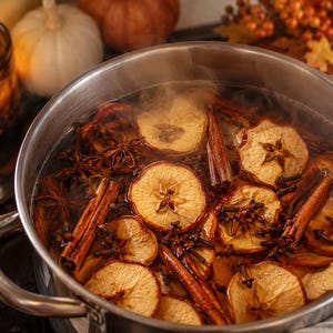 May include: A stainless steel pot filled with simmering liquid containing dried apple slices, whole cinnamon sticks, star anise, and whole cloves. The mixture is steaming, with the ingredients floating on the surface of the hot liquid.