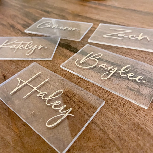 Acrylic name tags; wedding place cards; gold foil leaf; party name tags