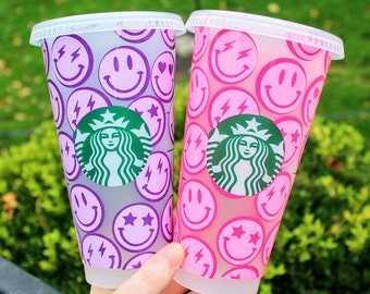 smiley starbucks cold cup, smiley cold cup, smiley drinkwear, retro inspired cold cup, retro starbucks cup, smiley face cold cup