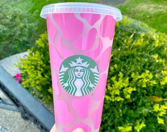 pink cow print starbucks cold cup, cow print cup, cow print tumbler, cow print starbucks cup