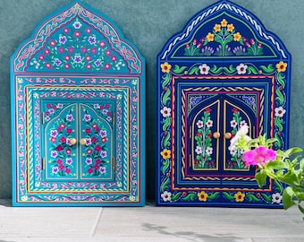 Hand Painted Mughal Arch Wooden Mirror Cabinet – Pakistani Floral Wall Decor