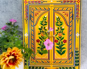 Hand Painted Mughal Arch Wooden Mirror  – Floral Wall Decor