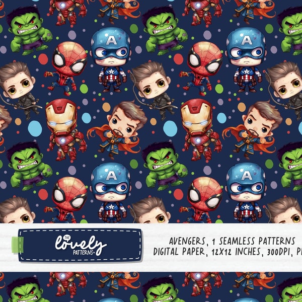 Avengers Seamless Digital Pattern, Seamless Paper Prints, Cartoon Superhero Digital Paper, Scrapbook Paper Printable, Nursery Pattern Textil