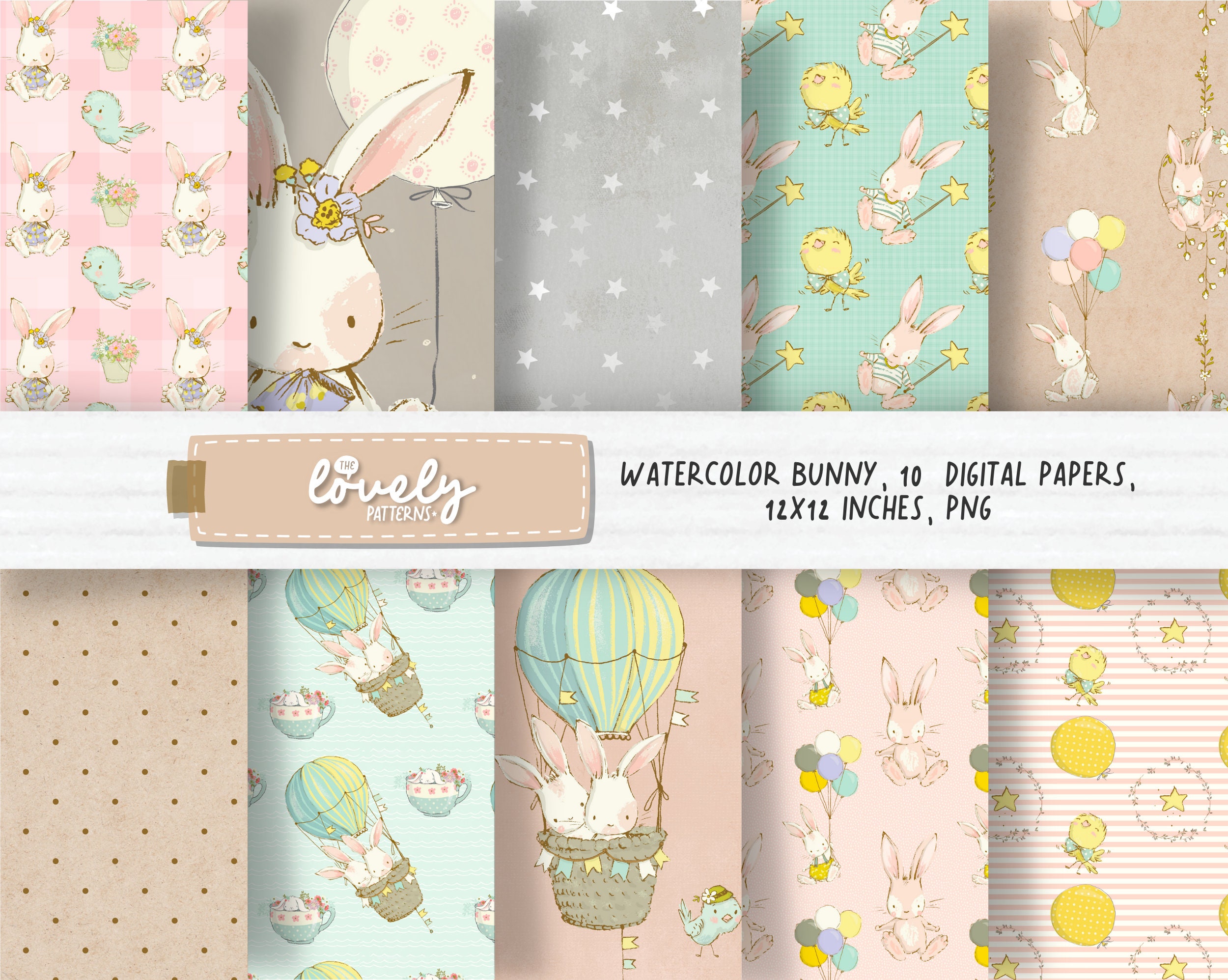 Watercolor Bunny Digital Paper, Bunny Pattern, Nursery Paper Kids