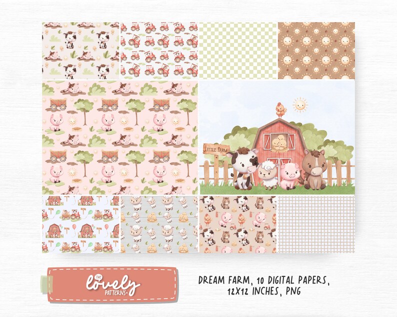 Farmhouse Printable Paper, Farm Seamless Pattern, Baby Farm Animal Wrapping Digital Paper ...