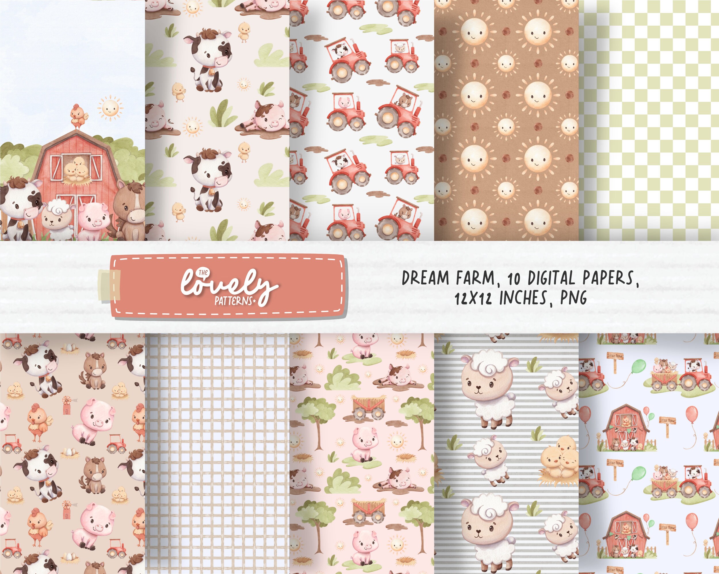 Farmhouse Printable Paper, Farm Seamless Pattern, Baby Farm Animal Wrapping Digital Paper ...