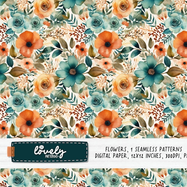Orange Flowers Pattern Seamless Watercolor, Flowers Textile Pattern, Pattern Scrapbooking, Commercial Use, Seamless Pattern Sublimation