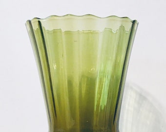 Vintage, Mid-Century, Hand Blown, Fluted Glass, Pedestal Vase - Dark Olive