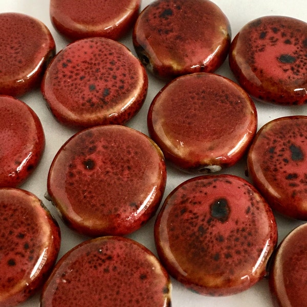 Glazed Ceramic, Flat Round Beads - Burnt Red with Brown Specks - 5 beads - Approximately 18mm